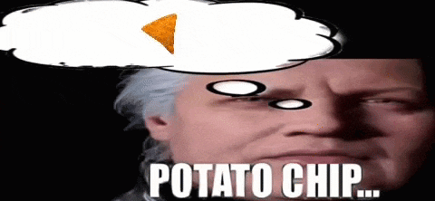a man is thinking about a potato chip with a thought bubble above his head .