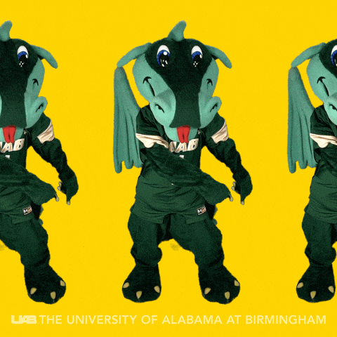 three mascots from the university of alabama are dancing on a yellow background