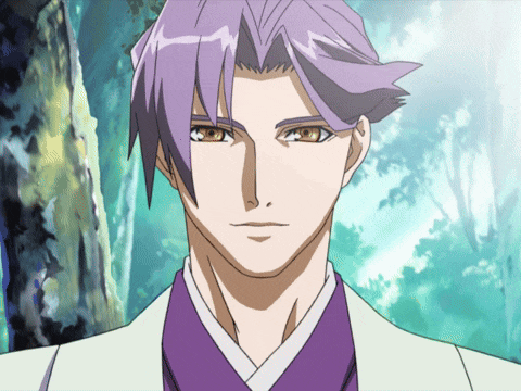 a man with purple hair is wearing a white jacket