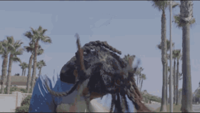 a man with dreadlocks is wearing a blue shirt with palm trees in the background