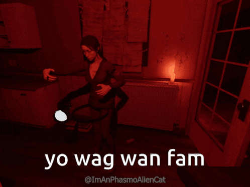 a woman holding a large knife in a kitchen with the words yo wag wan fam written below her