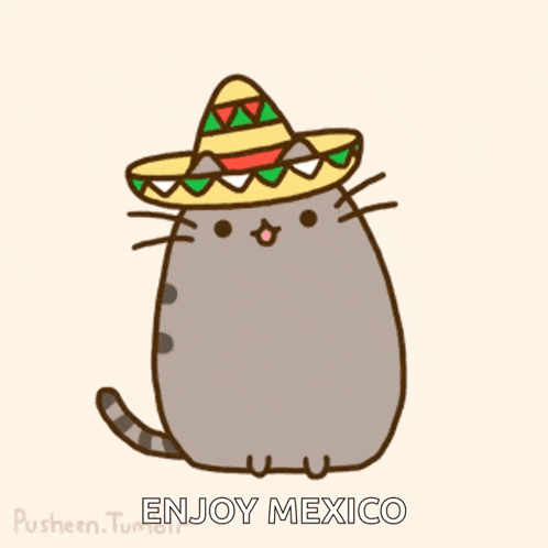 a drawing of a cat wearing a sombrero with the words enjoy mexico below it