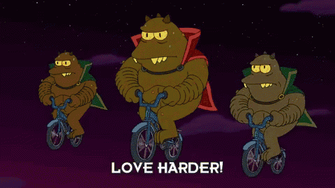 three monsters riding bicycles with the words love harder written below them