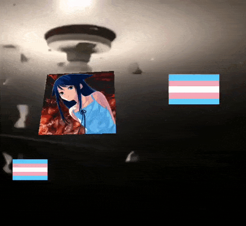 a picture of a girl with blue hair and a transgender flag