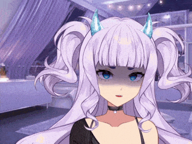 a girl with purple hair and blue horns has a piercing in her lip