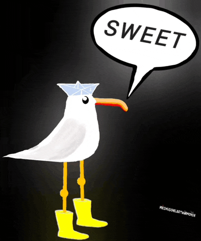 a drawing of a seagull with a paper boat on its head and a speech bubble that says sweet
