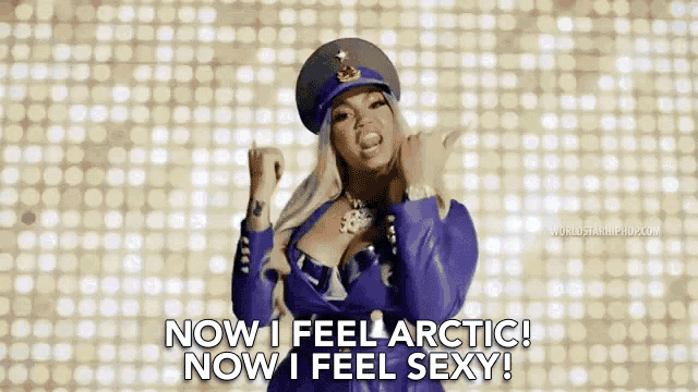 a woman in a police uniform says now i feel arctic now i feel sexy .