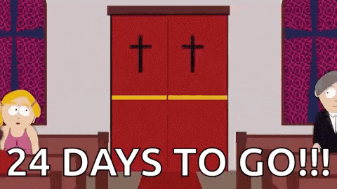 a cartoon of a man and a woman in a church with the words 24 days to go .