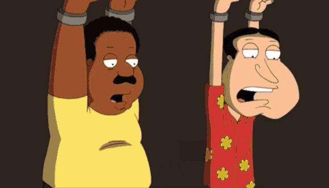 a cartoon of two men with their arms in the air with the words fuuuuuuuuuuuuck written below them