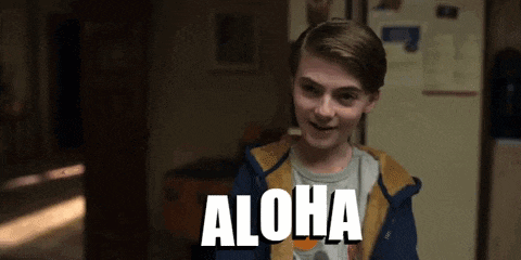 a young boy is smiling with the word aloha on his chest