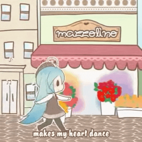 a cartoon of a girl walking down a sidewalk in front of a flower shop .