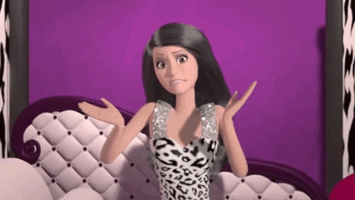 a barbie doll is sitting on a couch and making a face