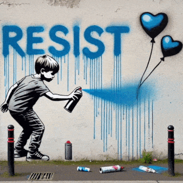 a graffiti painting of a boy spraying the word resist on a wall