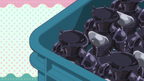a cartoon drawing of a blue crate filled with purple objects