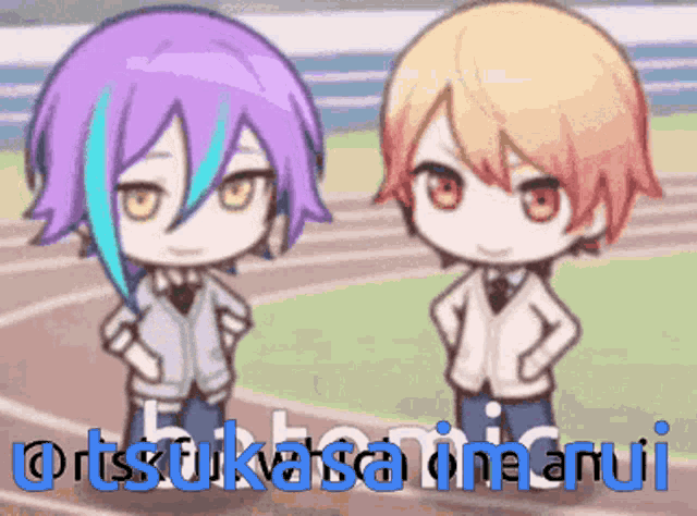 two anime characters are standing next to each other with their hands on their hips in front of a sign that says otsukasahinarui