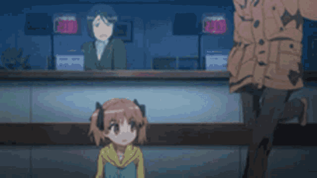 a little girl is screaming while a man stands behind her ..
