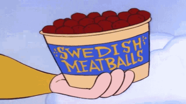a cartoon hand is holding a bowl of swedish meatballs