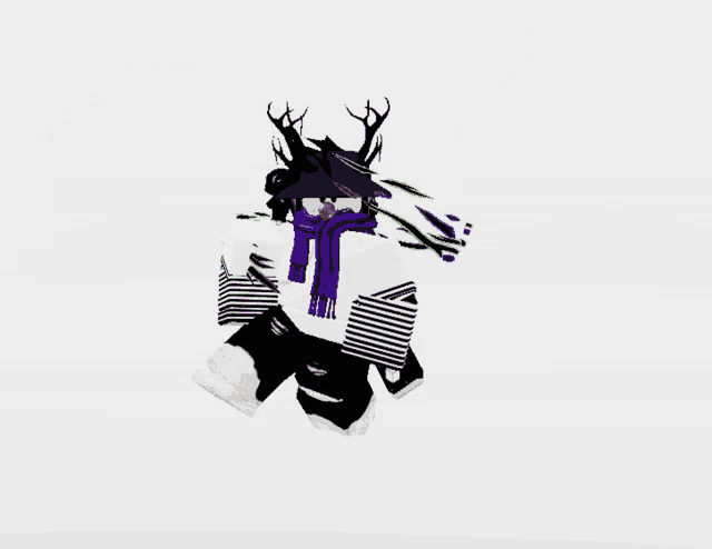 a person wearing a purple scarf and a hat with horns