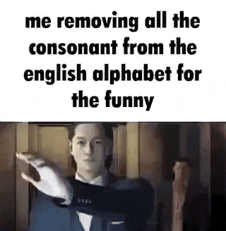 a man in a suit and bow tie is making a funny face while removing all the consonants from the english alphabet .