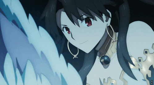 a close up of a cartoon character with red eyes and black hair