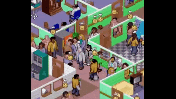 a cartoon of people in a hospital with smiley faces on the wall