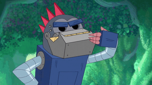 a cartoon drawing of a robot with red spikes on its head