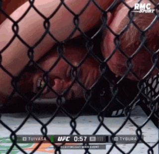 a fighter is laying on the ground in a cage with a rmc sport logo in the corner