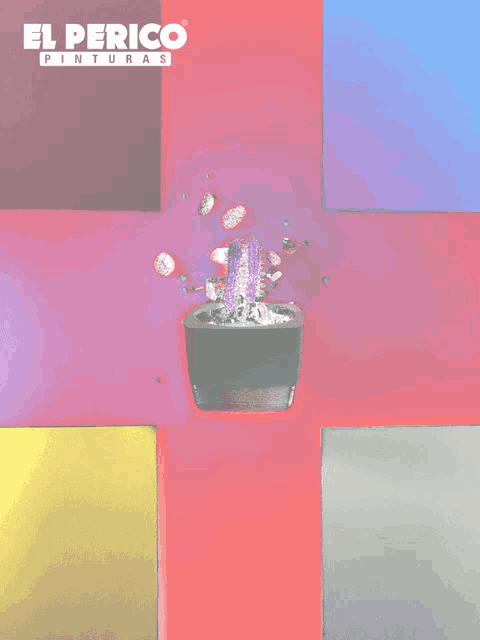 a poster for el perico pinturas shows a potted plant on a blue background