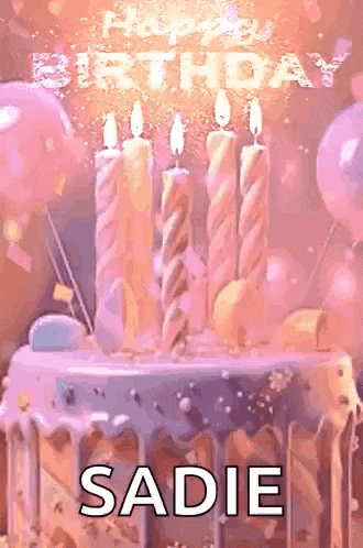 a birthday cake with candles and the name sadie written on it .