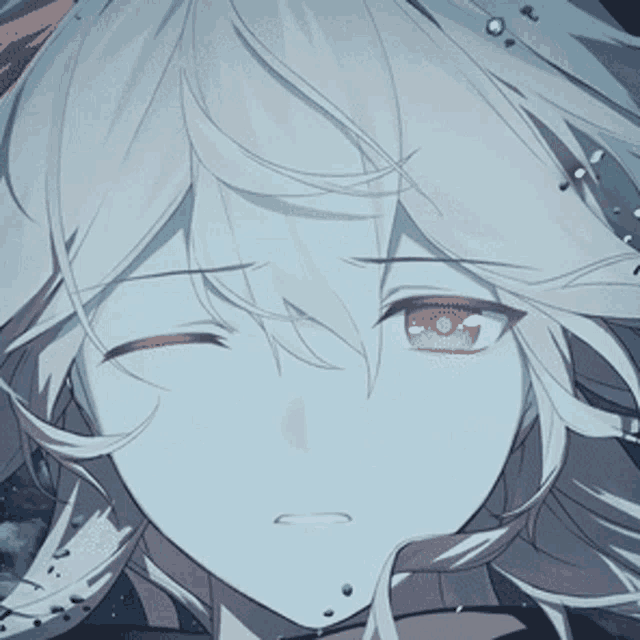a close up of a person 's face with white hair