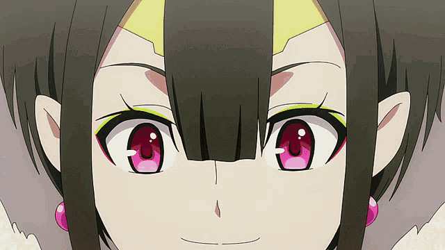 a close up of a cartoon character 's face with pink eyes and earrings