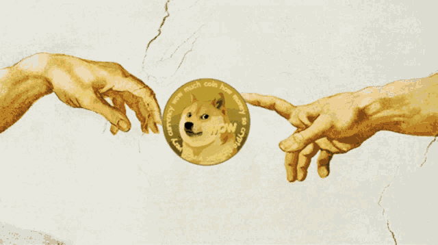 a painting of two hands reaching for a doge coin that says wow on it