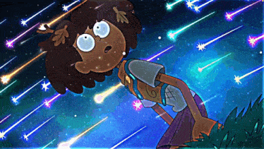 a cartoon character is looking up at the stars