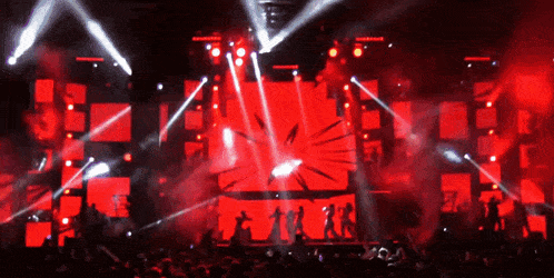a group of people are dancing in front of a stage with a red background