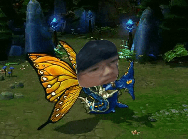 a man 's face is behind a butterfly in a video game scene