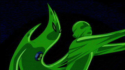a pixelated image of a cartoon character with a green glow