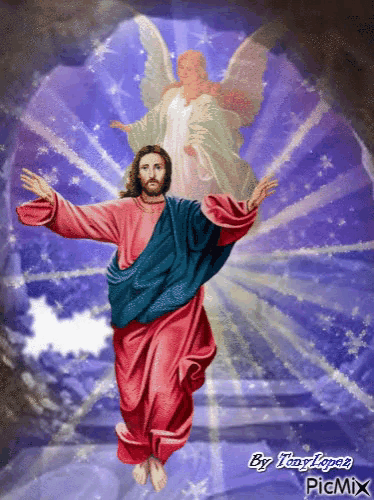 a painting of jesus with an angel behind him and the name picmix at the bottom