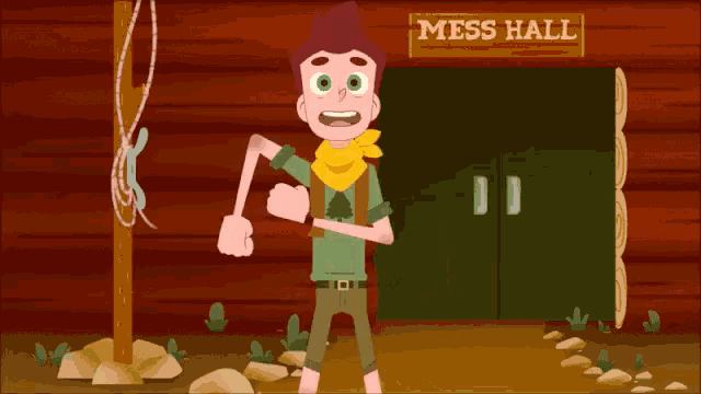 a cartoon boy stands in front of a mess hall sign
