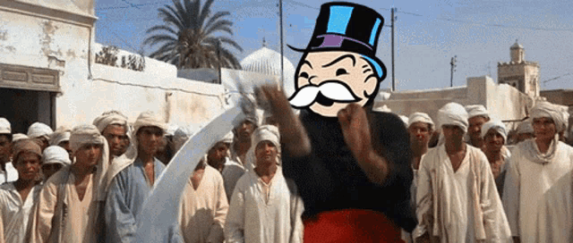 a monopoly man is standing in front of a crowd