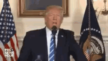 donald trump is giving a speech in front of american flags