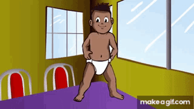 a cartoon of a baby wearing a diaper standing in front of a window