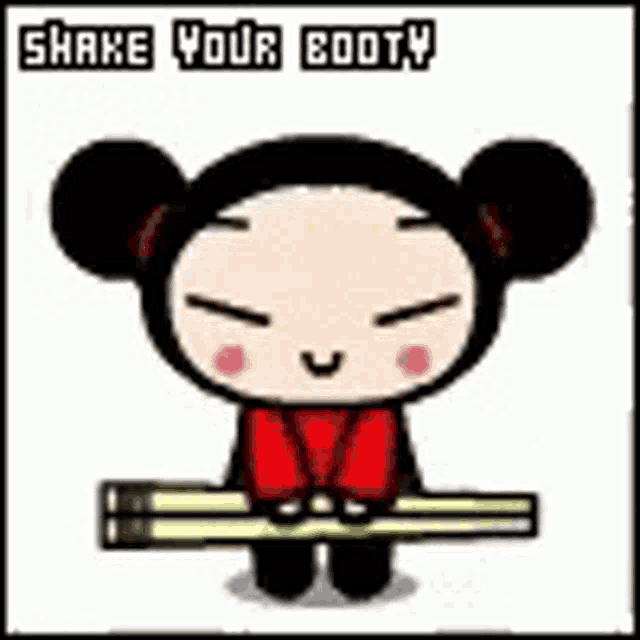 a cartoon character is holding a pair of chopsticks .