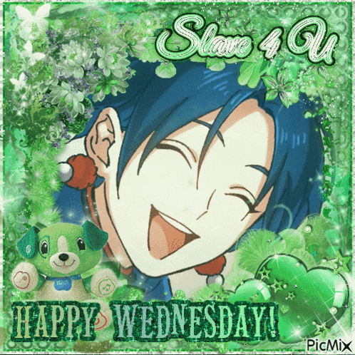 a happy wednesday picture with a blue haired anime character and a green dog