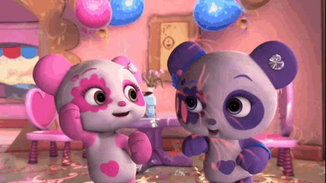 two cartoon panda bears are standing next to each other in a room with balloons