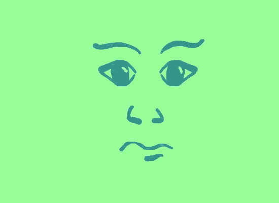 a drawing of a green face with blue eyes