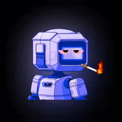 a cartoon robot smoking a cigarette with the letters bb on its chest