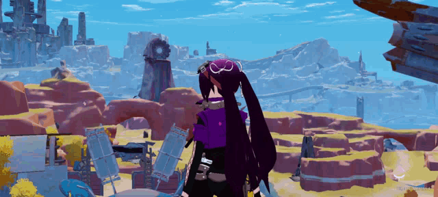 a girl with purple hair is standing in front of a landscape