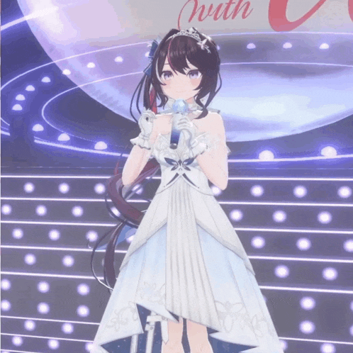 a girl in a white dress is singing into a microphone