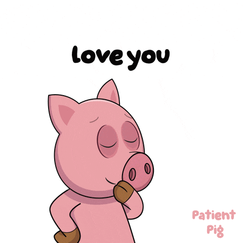 a cartoon pig blowing a kiss with the words " love you " above it
