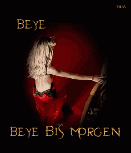 a picture of a woman in a red dress with the words beye bene bis morgen below her
